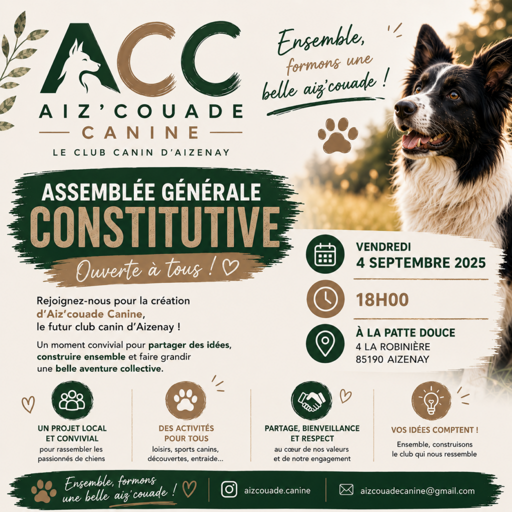AG Constitutive pour la Création du Club Canin AIZ&rsquo;COUADE CANIN le 4 Septembre à 18H00